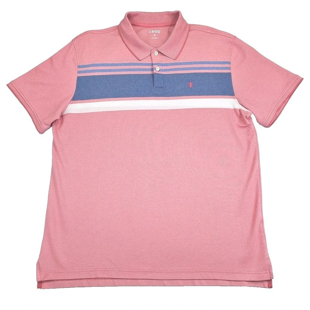 IZOD Men's Large Short Sleeve Polo Shirt Casual Blue White Striped Rapture Rose